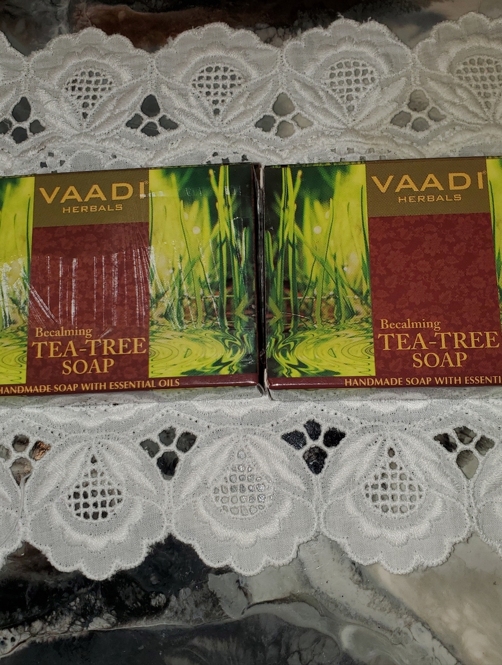 VAADI Herbals Tea-Tree Soap Green-Brown Packaging (Set of 2) in Boxes, unwrapped
